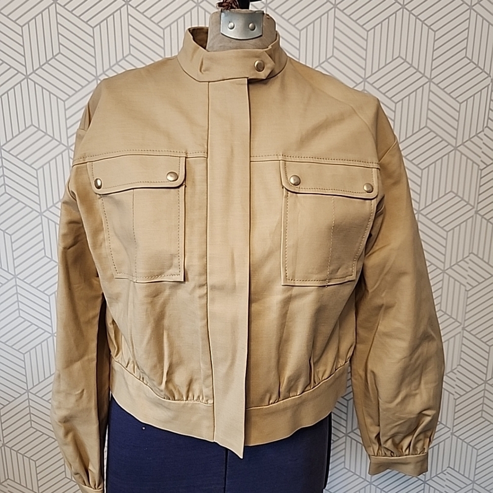 NEW Topshop Tan Patch Pocket Crop Utility Bomber Jacket Full Zip Women's Size 8